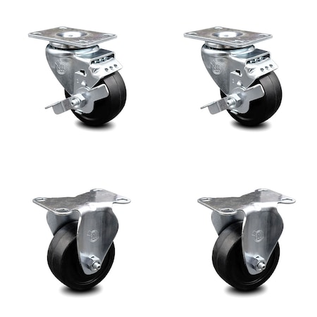 Service Caster 3.5 Inch Soft Rubber Swivel Top Plate Caster Set with 2 Brakes 2 Rigid SCC SCC-20S3514-SRS-TLB-2-R-2